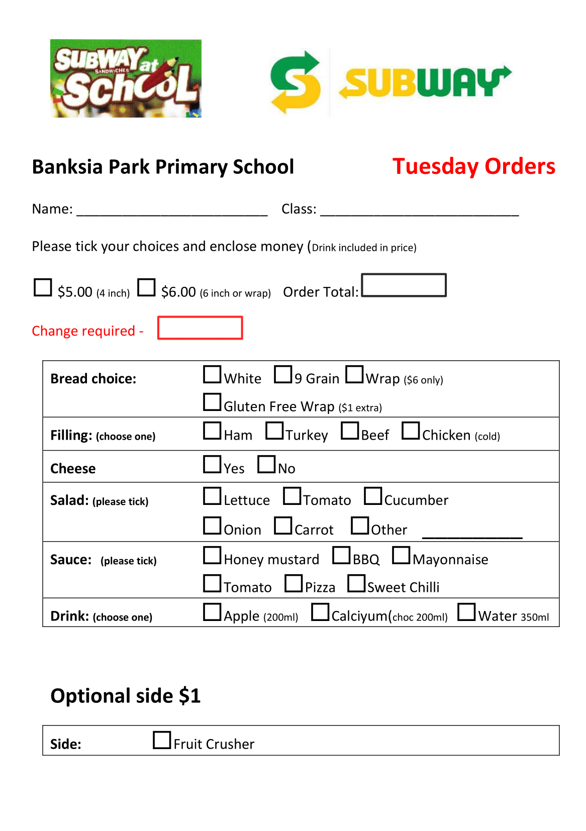 Canteen Menu Banksia Park School R7